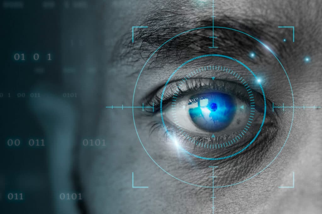 Human eye being read by a biometric retina scanner